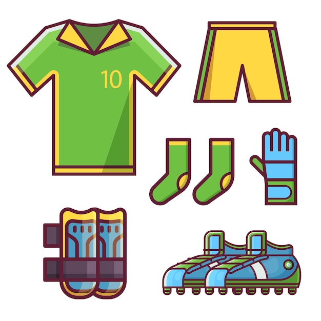 Vector soccer football team uniform icon set with goalkeeper glove, knee pads, soccer cleats or football boots, socks, t-shirt with footballer number and shorts. complete sport outfit for men and women.