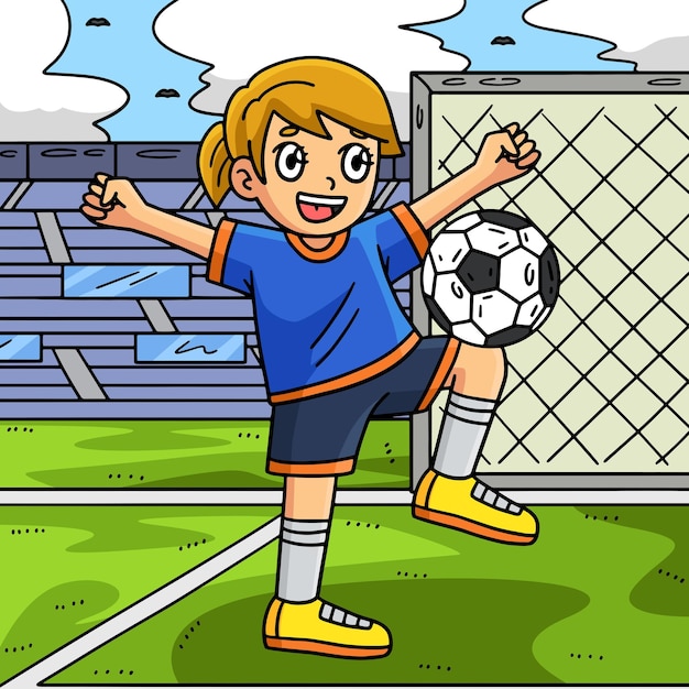 Vector soccer girl balancing ball on knee colored cartoon