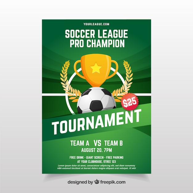 Soccer league flyer with ball and trophy