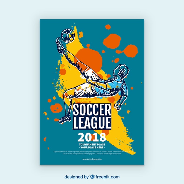 Soccer league flyer with player in hand drawn style