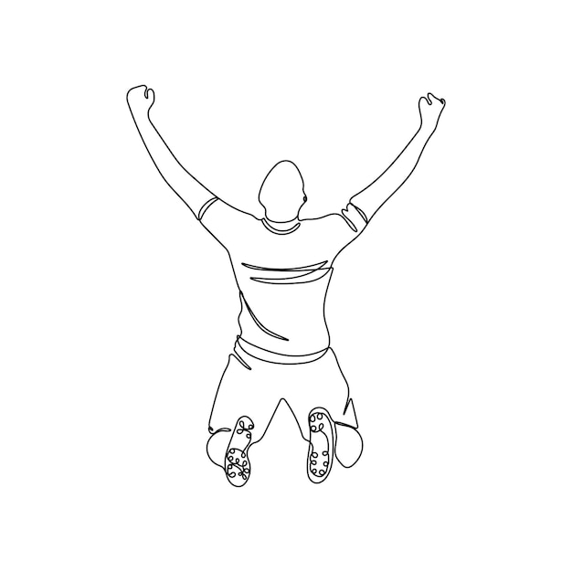 Soccer player celebrating goal. One line vector art. Football Player in sport uniform.