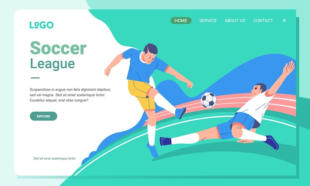 Vector soccer player character on field sport and landing page design for web page and app concept