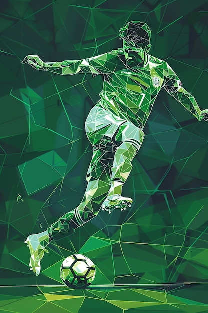 soccer player dynamic geometric style green color range goal net in the background