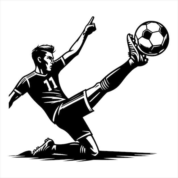 Vector soccer player from preparing for a free kick to scoring a goal silhouette black colour vactor