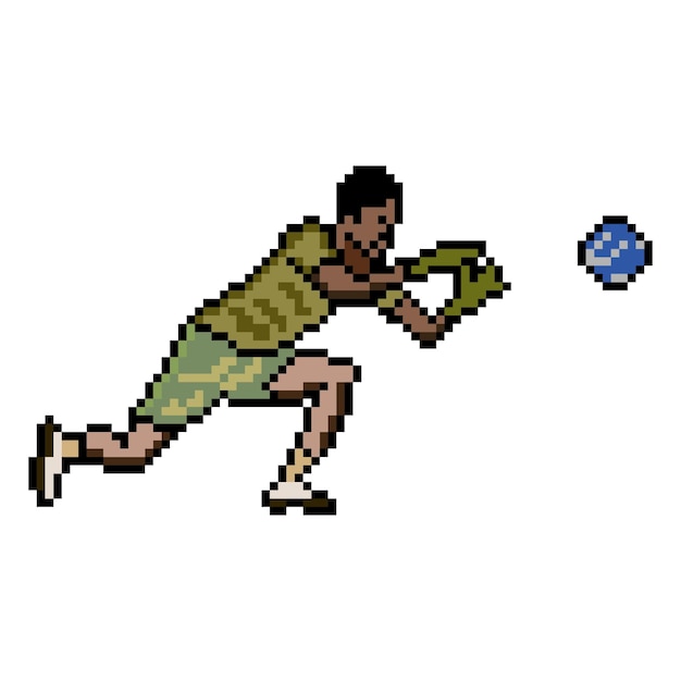 Soccer player goalkeeper catch the ball with pixel art.