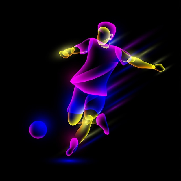 Soccer player hits the soccer ball Abstract neon transparent overlay layers look like a virtual football player character