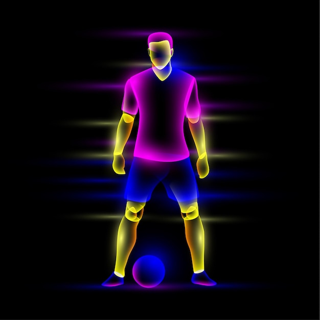 Soccer player is standing near soccer ball Abstract neon transparent overlay layers look like a virtual football player character