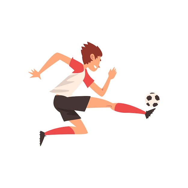 Soccer Player Kicking Ball Football Player Character in Sports Uniform Training and Practicing Football Vector Illustration on White Background