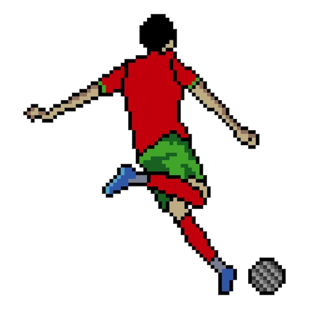 Soccer player kicking ball with pixel art. Vector illustration