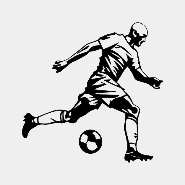 A soccer player kicks a ball in black and white.