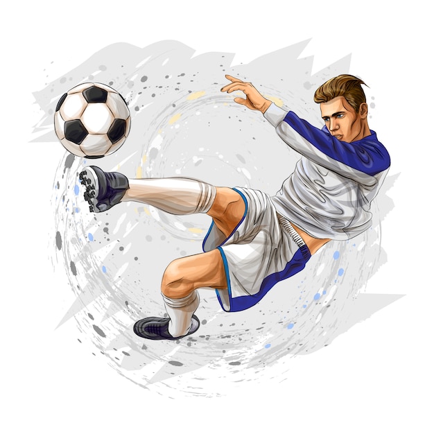 Soccer player kicks the ball on a white background