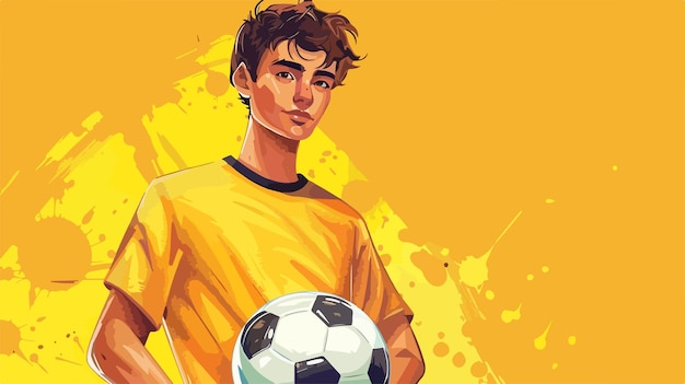 Vector soccer player posing with ball on yellow background