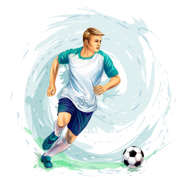 Soccer player with a ball from splash of watercolors.  illustration of paints