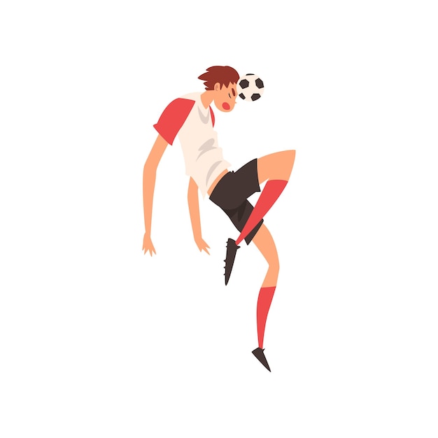 Vector soccer player with ball professional football player character in uniform training and practicing soccer vector illustration on white background