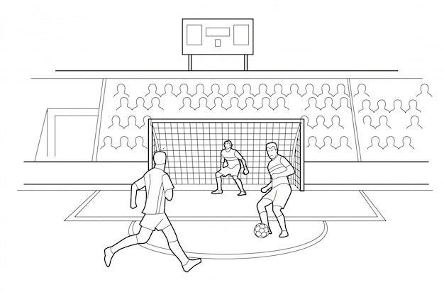 Soccer Players Defending The Gates. Spectators sit in the stands of the stadium. black illustration on white background