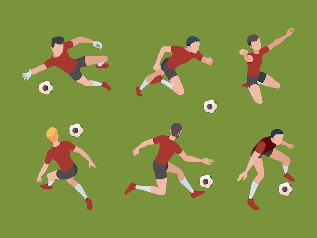 Soccer players. Sport characters football gamers in active poses goalkeeper isometric adults 3d people.