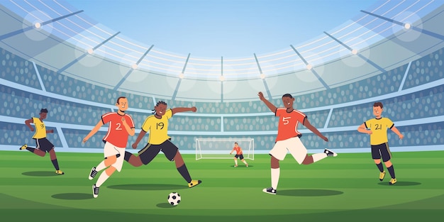 Soccer stadium players Football match athletes fighting kicking ball dynamic poses of people different colors uniform tense moment on field Olympic sport Vector flat cartoon isolated