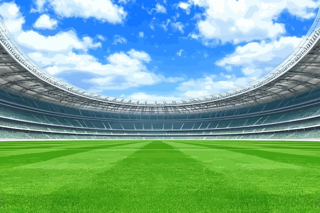 Vector a soccer stadium with a blue sky and clouds in the background