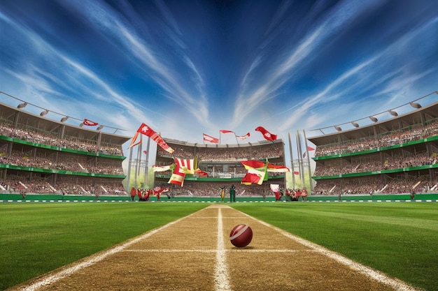 Vector a soccer stadium with flags flying in the sky and a soccer ball in the foreground