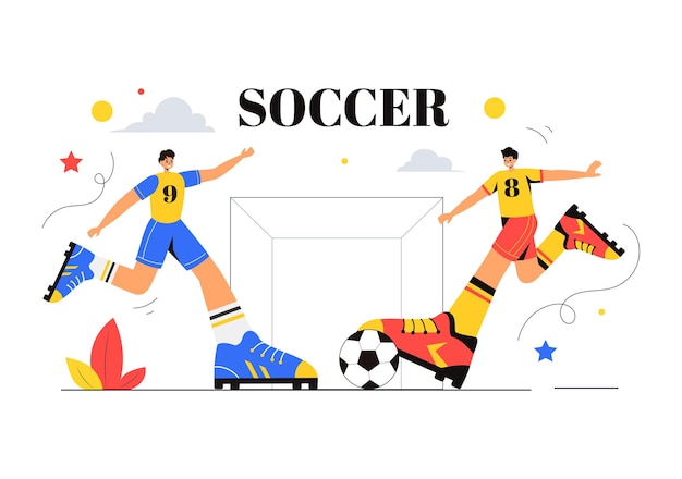 Vector soccer vector illustration featuring a man kicking a soccer ball on a green field for a football league and sports match in a flat cartoon background