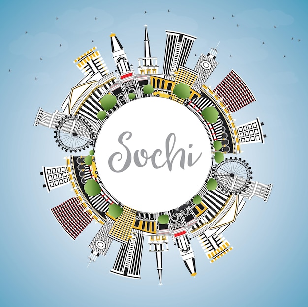 Sochi Russia City Skyline with Color Buildings, Blue Sky and Copy Space. Vector Illustration. Business Travel and Tourism Concept with Modern Architecture. Sochi Cityscape with Landmarks.