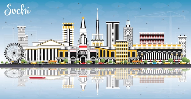 Sochi Russia City Skyline with Color Buildings, Blue Sky and Reflections. Vector Illustration. Business Travel and Tourism Concept with Modern Architecture. Sochi Cityscape with Landmarks.