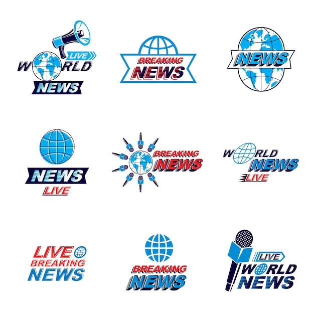 Social announcement logo, emblems and leaflets collection. Vector Earth, journalistic microphones and loudspeakers equipment composed with news, breaking news and world live news inscription.