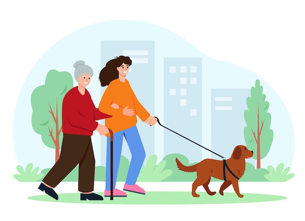 Social care for elderly people concept Young woman volunteer help senior woman walk with dog