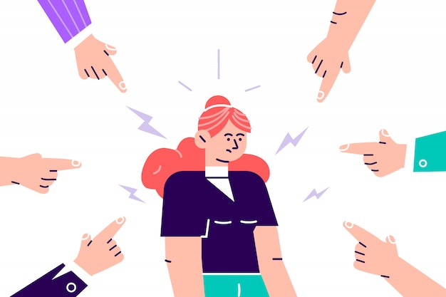 Social disapproval. Sad or depressed young woman surrounded by hands with index fingers pointing at her. Quilt, accusation, public censure and victim blaming concept. Flat cartoon  illustration