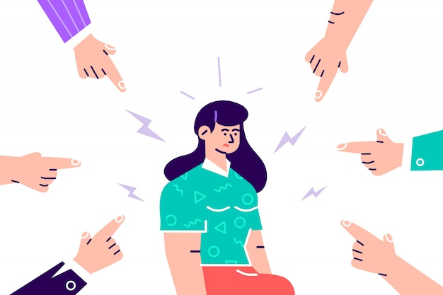 Social disapproval. Sad or depressed young woman surrounded by hands with index fingers pointing at her. Quilt, accusation, public censure and victim blaming concept. Flat cartoon  illustration