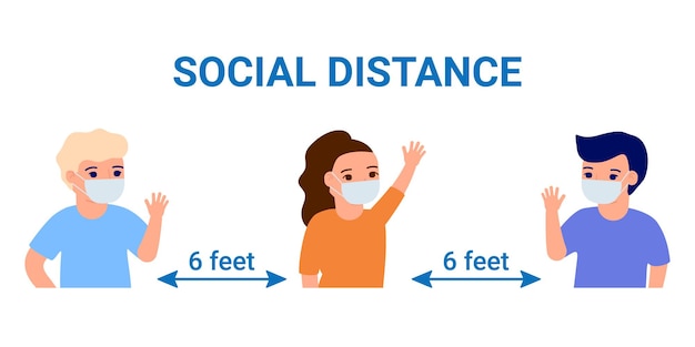 Social distance children in face mask, protect measure coronavirus.