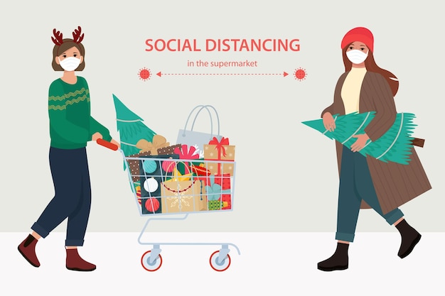 Social distance concept Two women in mask in supermarket at pre Christmas Vector illustration