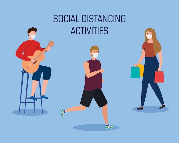 Social distancing activities, people doing activities, keep distance in public society to protect from covid 19