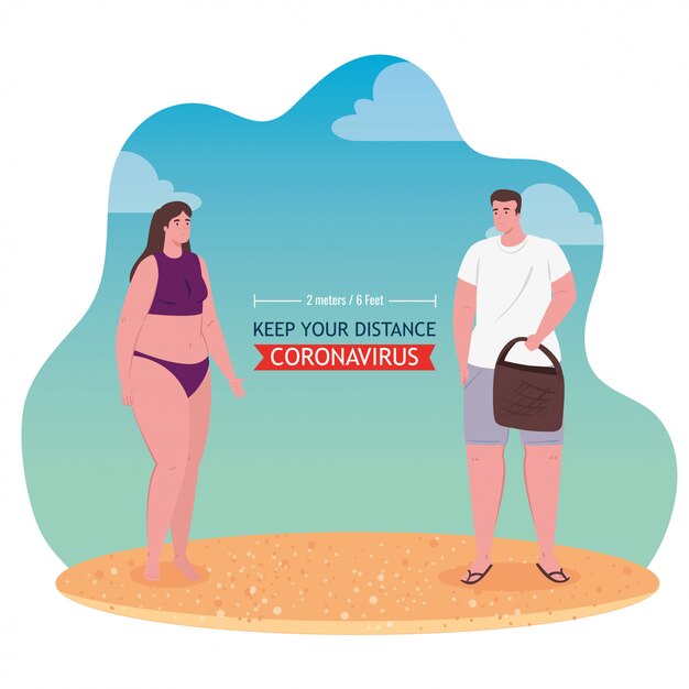 Social distancing on the beach, couple keep distance to two meters or six feet, new normal summer beach concept after coronavirus or covid-19 vector illustration design