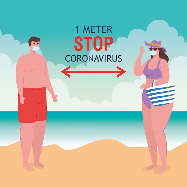 Social distancing on the beach, couple wearing medical mask keep distance one meter, new normal summer beach concept after coronavirus or covid-19 vector illustration design