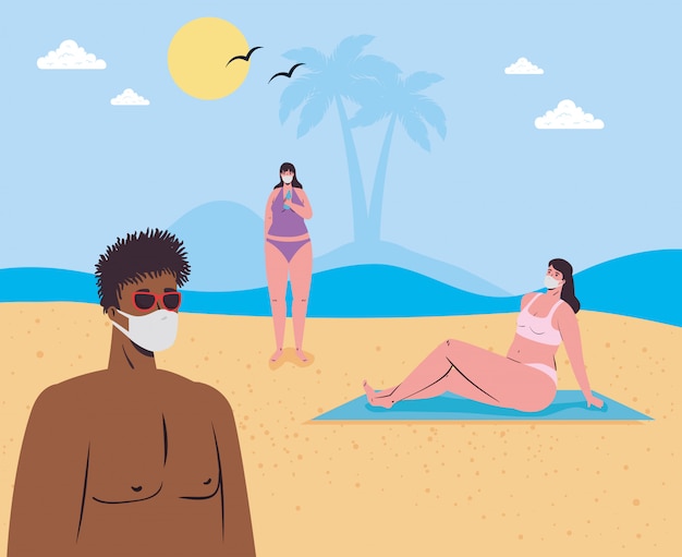 social distancing on the beach, people wearing medical mask keep distance in the beach, new normal summer beach concept after coronavirus or covid 19