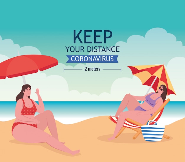 Social distancing on the beach, women keep distance two meters, new normal summer beach concept after coronavirus or covid-19 vector illustration design