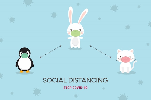 Social Distancing Concept. Coronavirus (COVID-19) prevention  Illustration. Cute Bear, Polar bear and Fox character wearing medical mask. Stop Coronavirus.