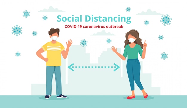 Social distancing concept with two people at a distance waving to each other.