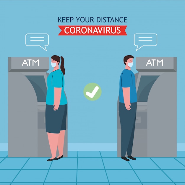 Social distancing and coronavirus covid-19 prevention, maintain a safe distance from others when using atm