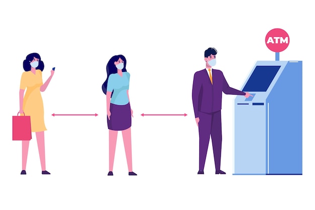 Social distancing and coronavirus covid-19 prevention. People are waiting in line near ATM machine. Vector illustration in a flat style