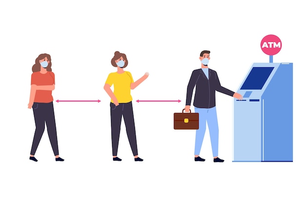 Social distancing and coronavirus covid-19 prevention. People are waiting in line near ATM machine. Vector illustration in a flat style