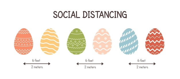 Social distancing at Easter Colored Trendy Eggs maintaining distance Banner for Covid Coronavirus Paschal Spring symbols covered with various ornaments Flat illustration for religious holiday