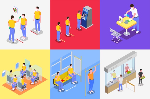 Social distancing isometric  illustration set