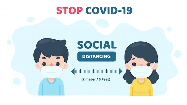 Social Distancing. People wearing medical masks go out in public and away from each other to reduce the risk of coronavirus infection.