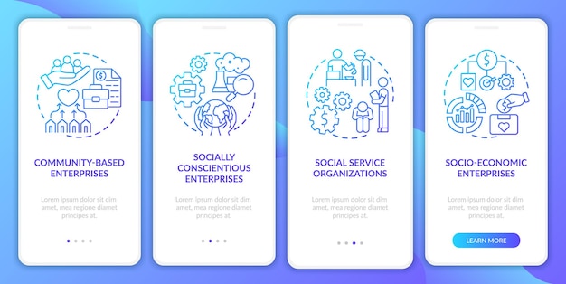 Social entrepreneur focus blue gradient onboarding mobile app page screen