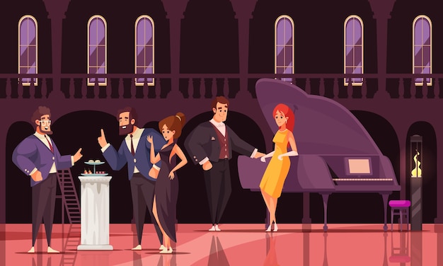 Social event with group of rich people on prestigious party in fashionable place flat illustration