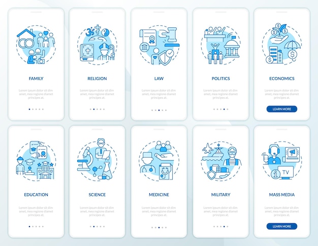 Social institutions blue onboarding mobile app screen set