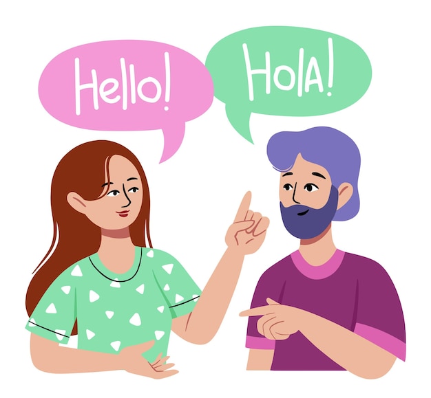 Social man and woman speaking to each other exchange information with speech bubble