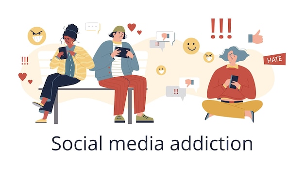 Social media addiction concept with people using smartphone flat vector illustration on white